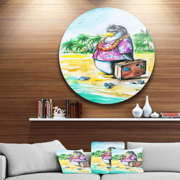 Penguin Enjoying Holidays on Beach - Cartoon Animal Round Metal Wall Art